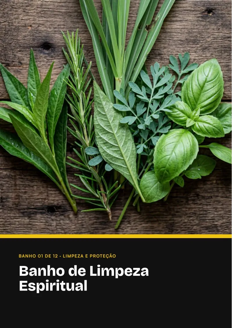 Página de abertura do Banho 01 de 12, Limpeza e proteção, com foto de ervas frescas sobre madeira e o título Banho de Limpeza Espiritual
