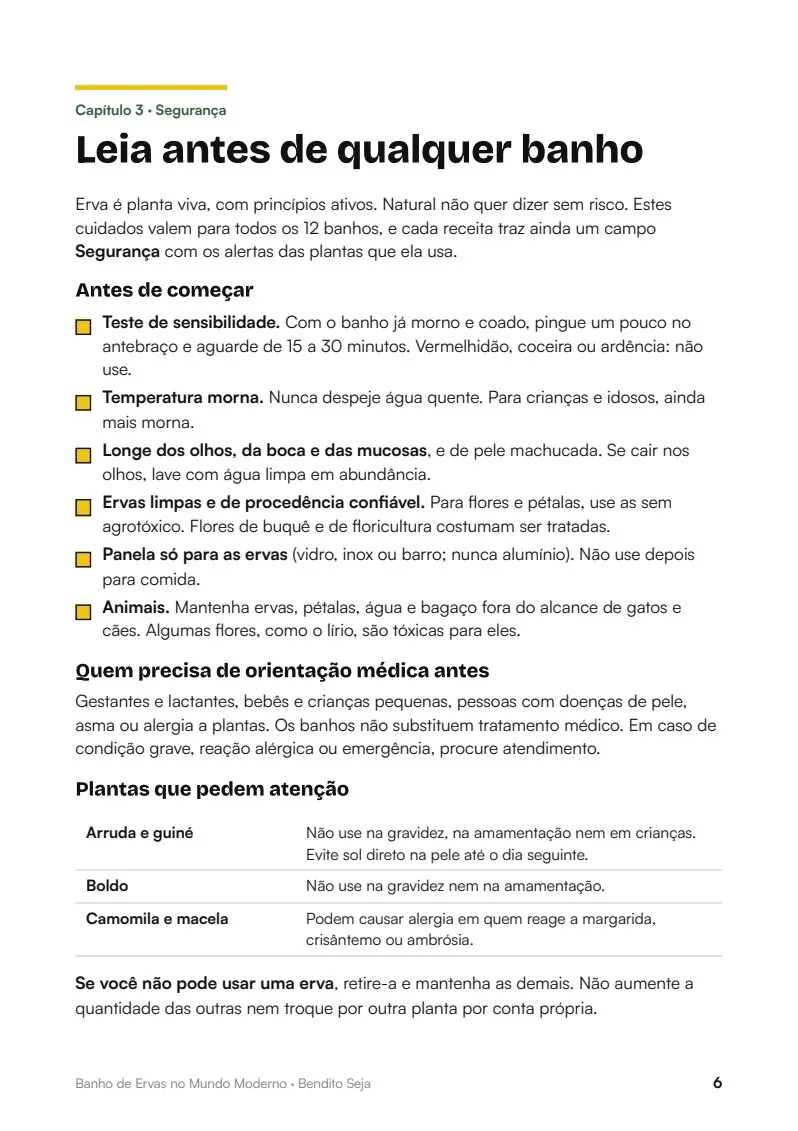 Página do Capítulo 3, Segurança, intitulada Leia antes de qualquer banho, com checklist de cuidados e tabela de plantas que pedem atenção