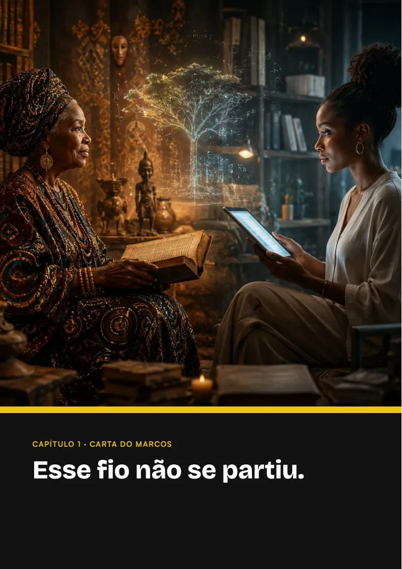 Página de abertura do Capítulo 1, Carta do Marcos, com o título Esse fio não se partiu e ilustração de uma anciã lendo um livro ao lado de uma jovem com um tablet
