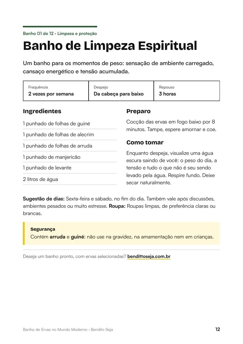 Página da receita do Banho de Limpeza Espiritual com frequência, despejo e repouso, lista de ingredientes, preparo, como tomar e o campo Segurança