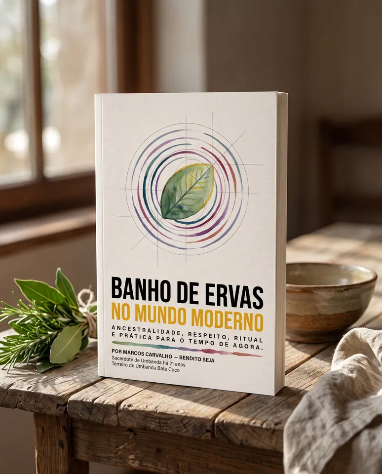 E-book Banho de Ervas no Mundo Moderno sobre uma mesa de madeira perto da janela, ao lado de ervas frescas