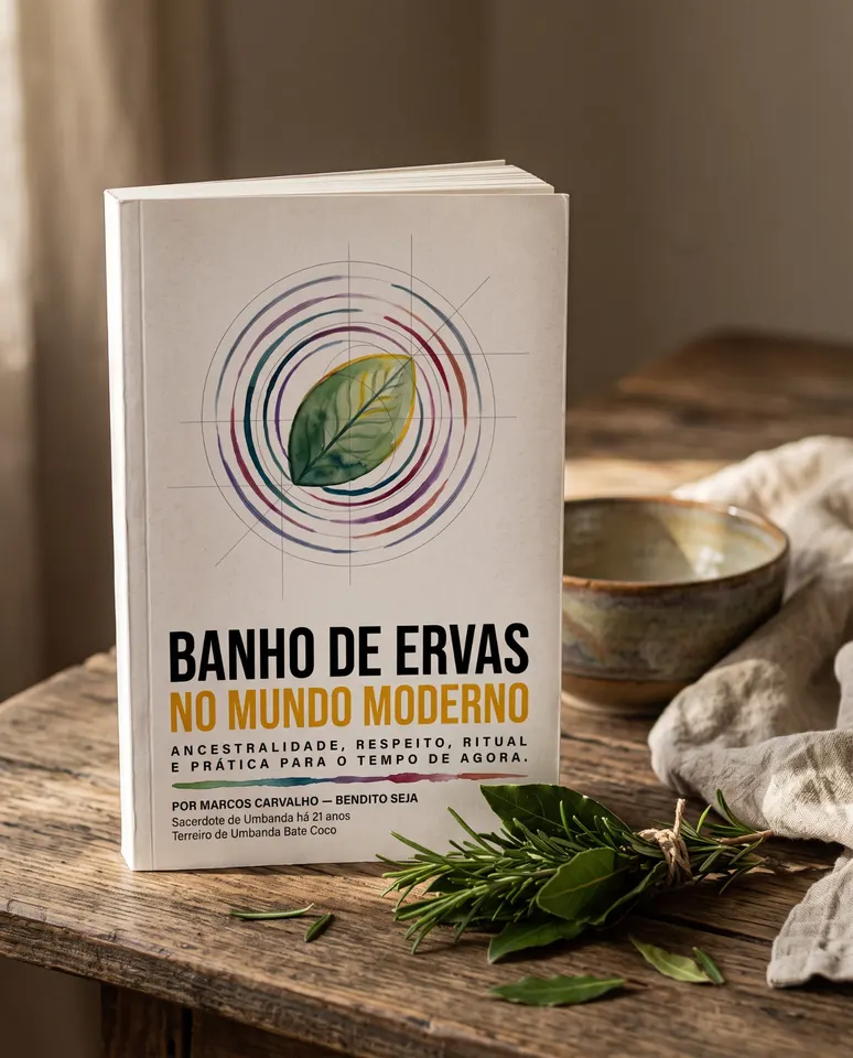 E-book Banho de Ervas no Mundo Moderno sobre mesa de madeira rústica, com tigela de cerâmica e ramos de alecrim