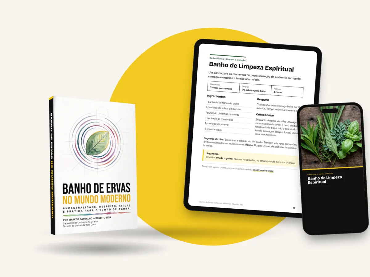 E-book Banho de Ervas no Mundo Moderno em versão impressa, no tablet e no celular, aberto na receita do Banho de Limpeza Espiritual
